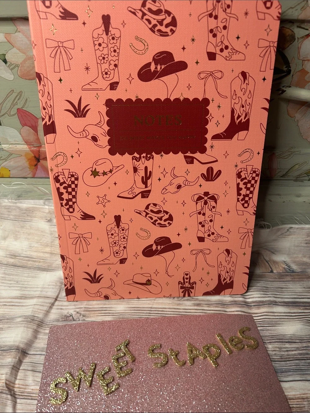 🎀Coral Western Boot Pattern Notebook - Gold Boho Notes Happy Journal